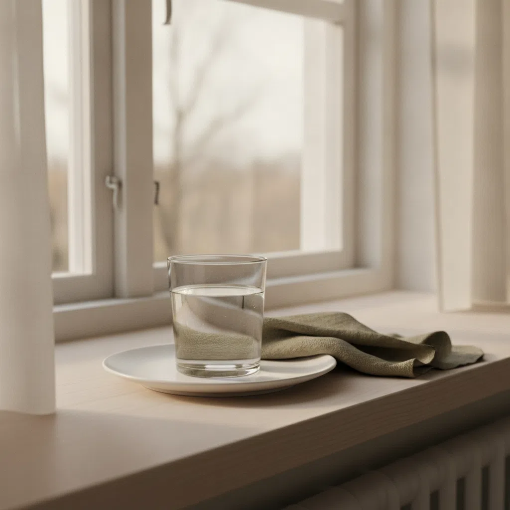 Een glas water en een ochtendontbijt op een lichte keukentafel - dagelijkse gebruiksroutine