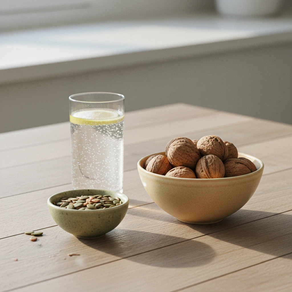Pompoenpitten en noten in keramische schaaltjes op een houten tafel - bron van zink en selenium