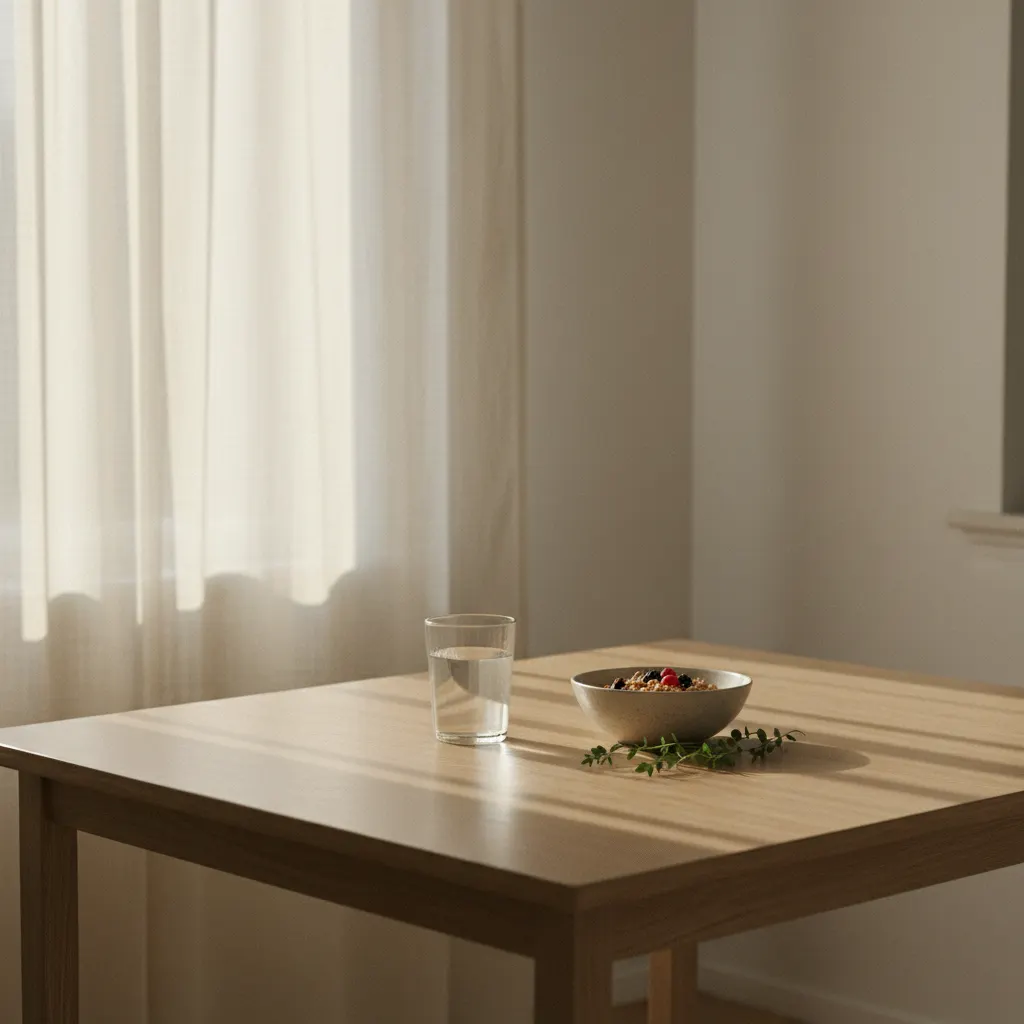 Warm ochtendlicht door een raam, glas water en granen op een lichte tafel - dagelijkse routinescène