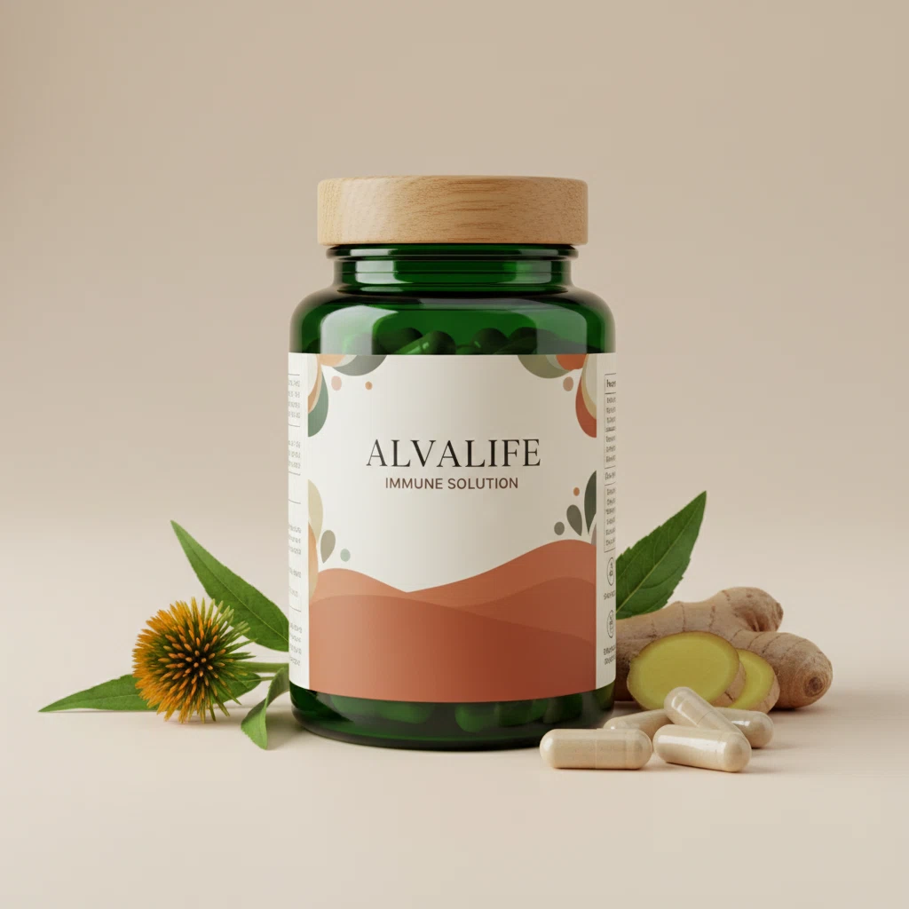AlvaLife Immune Solution donkergroene glazen pot met zilveren deksel, 90 capsules